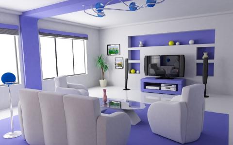 房子和舒适，美丽，客厅，白色的蓝色兴趣，电视