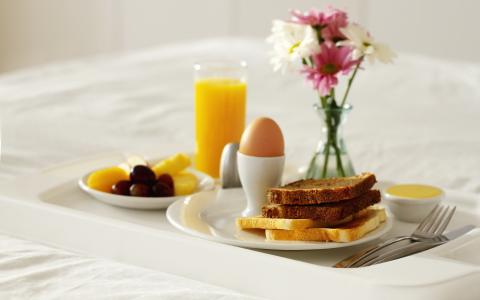 早餐，果汁，吐司，甜，面包，食物，鸡蛋