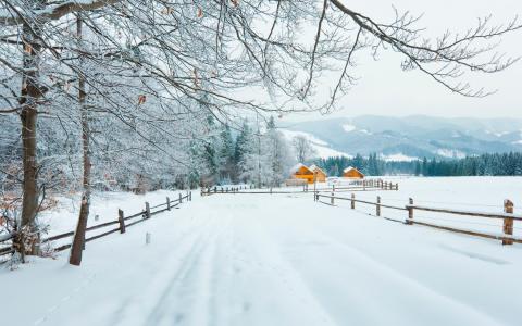雪，村庄，冬天，山