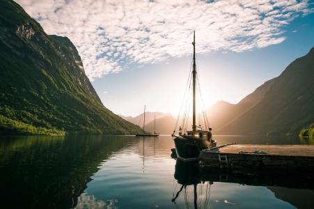 自然，景观，挪威，山，峡湾，游艇，码头，太阳，日落