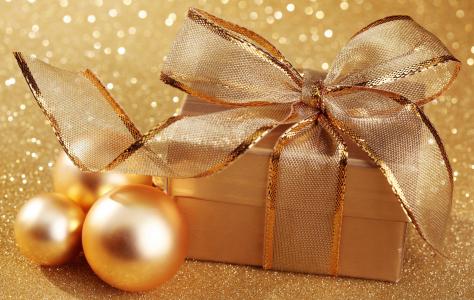 新的一年，新的一年，圣诞节，圣诞节，假期，礼物，框，包装，弓，黄金，球，球，黄金，亮片