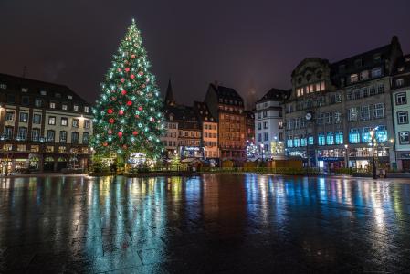 新年，节日，法国，史特拉斯堡，房子，圣诞树，夜，城市