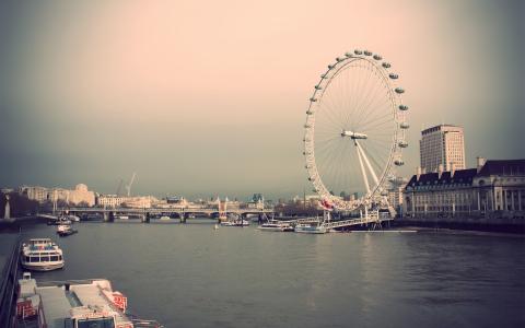 伦敦，伦敦眼，摩天轮，天空，河，房屋，建筑物，英国，城市