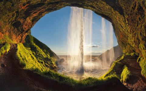 景观，瀑布，Selalandfoss，Seljalandsfoss，冰岛，洞穴，水，光，草