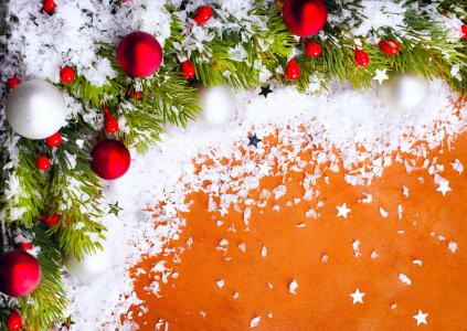 杉木，树，分支，雪，球，球，红色，白，玩具，新年，圣诞节，新年，圣诞节