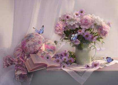 Valentina Kolova，投手，lavatera，夏天，牡丹，紫苑，鲜花，餐巾，窗帘，本书，帽子，蝴蝶