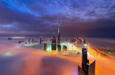 迪拜，迪拜，阿联酋，城市，雾，摩天大楼