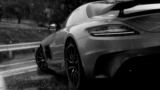 奔驰，超级跑车，黑色和白色背景，雨
