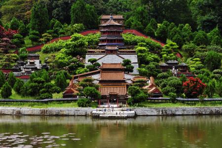 中国，湖，景观，寺庙
