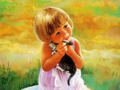 女孩，小猫，草地，艺术，唐纳德·佐兰艺术家