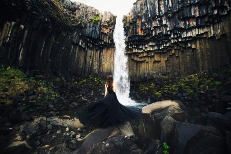 创意，照片，冰岛，岩石，石头，瀑布，女孩，构成，黑暗的背景
