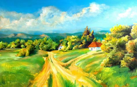 绘画，乌克兰，绘画，性质，村，美丽，森林，丘陵，山，路，主题