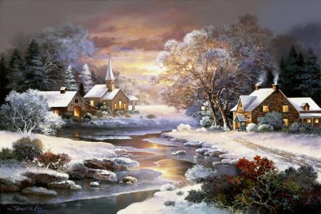 美国的风景，冬天的教堂，艺术家詹姆斯·李