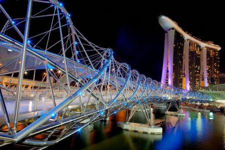 新加坡，螺旋桥，夜晚，河，灯，建筑物，美女