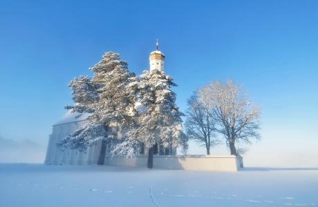 冬天，雪，寺庙，雾