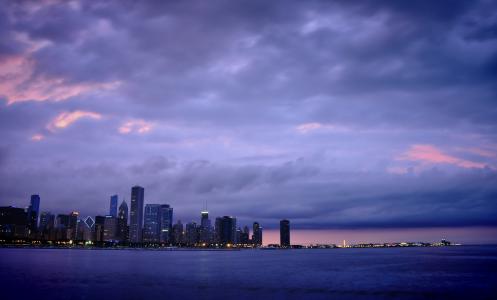 芝加哥，芝加哥，美国，美国，摩天大楼，晚上，灯光