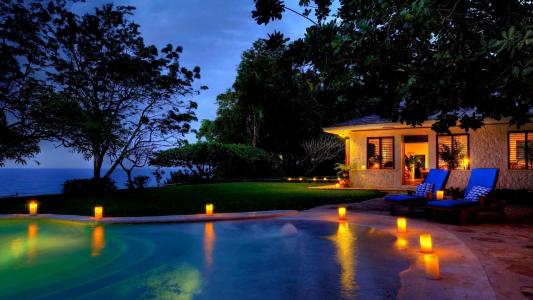 牙买加，度假村，酒店，夜间，灯光，灯光，游泳池，绿色，树木，休息美，海洋，沉默，房子，扶手椅