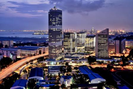 港口，城市，灯光，日落之后，新加坡