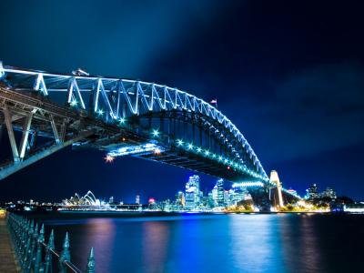 悉尼，澳大利亚，城市，桥，海港大桥，夜，灯，河，路堤