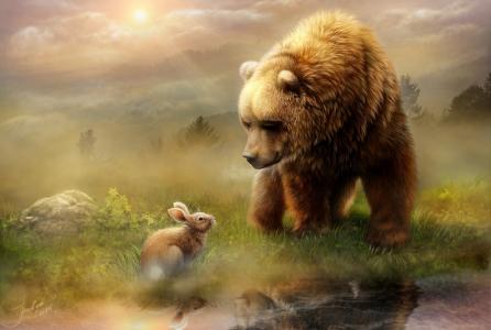 动物，捕食者，熊，动物，野兔，自然，黎明，早晨，水，草，艺术