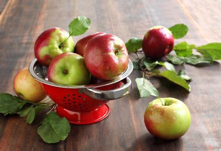 苹果，水果，餐具，表，叶子