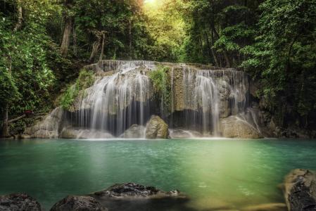 自然，丛林，泰国，瀑布，瀑布，水，树，光，太阳