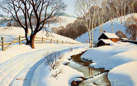 在雪盖下，冬天，丘陵，房屋，小溪，雪，亚瑟·萨隆·萨尔诺夫，绘画