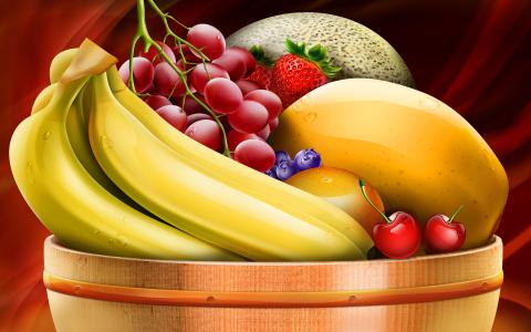 一碗水果，香蕉，葡萄，草莓，水果