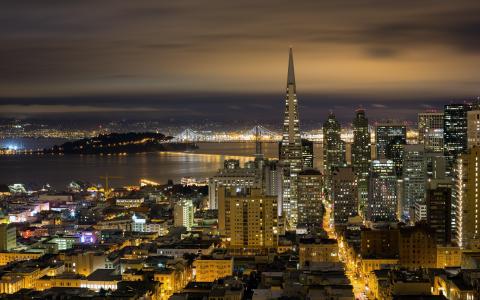 摩天大楼，灯，旧金山，桥，加州，旧金山，加州，城市