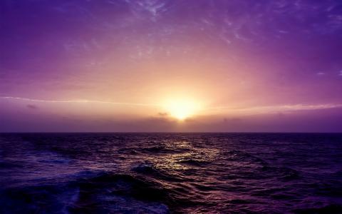 海洋，波浪，紫色夕阳