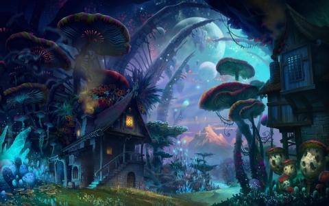 幻想，房子，蘑菇，森林，月亮