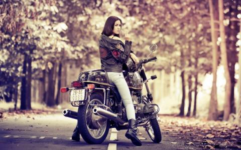 背景，女孩，摩托车