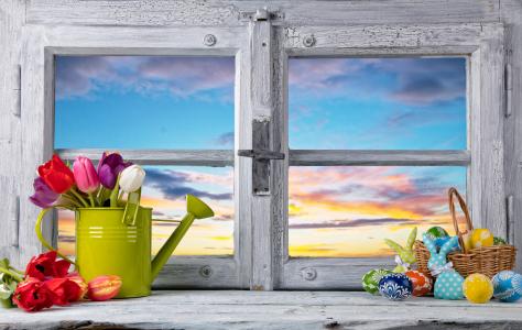 窗口，假日，复活节，喷壶，鲜花，郁金香，篮子，鸡蛋，krashenki，工艺品，兔子