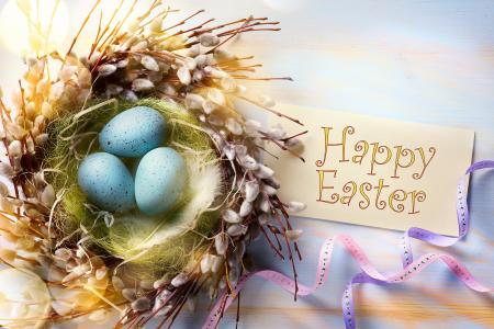 假日，复活节，复活节，巢，鸡蛋，krashenki，分支机构，柳，羽毛，丝带，辫子，卡，祝贺