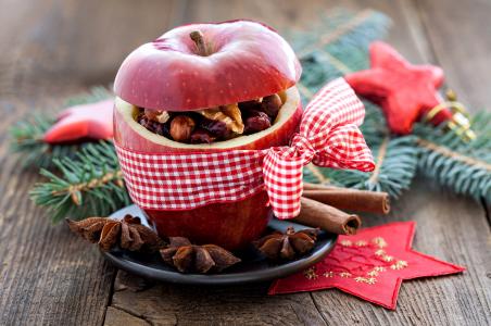 苹果，红色，弓，坚果，肉桂，香料，八角，巴登，分支机构，云杉，假期，圣诞节