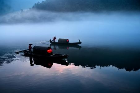 中国，河，雾，船，手电筒，美容