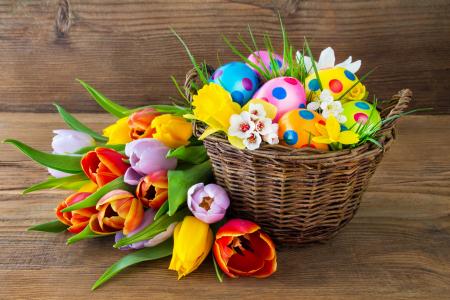 复活节，鸡蛋，郁金香，篮子