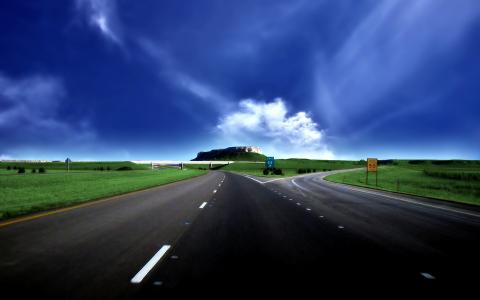 高速公路，路，山，天空，蓝色