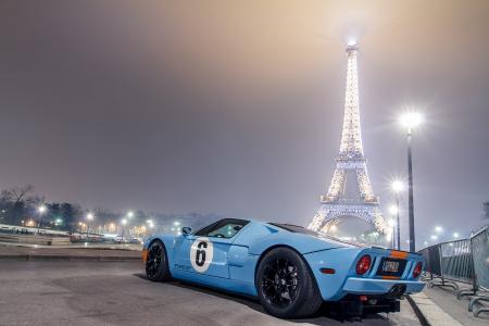 福特，gt40，蓝色，晚上，埃菲尔铁塔，光，巴黎，福特，蓝色，巴黎，艾菲尔铁塔，灯