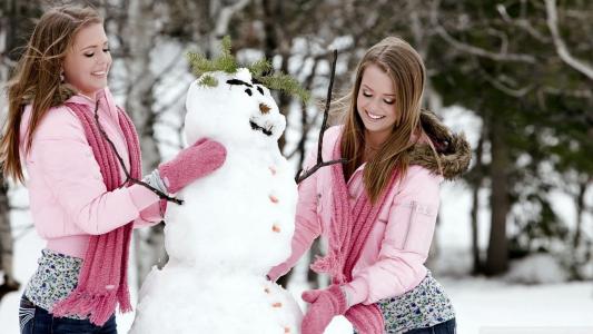 女孩，双胞胎，冬天，乐趣，喜悦，雪人，心情