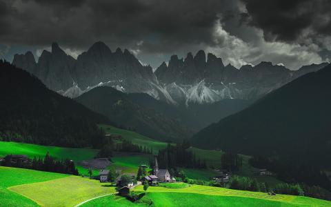 阿尔卑斯山，绿色，树，房子