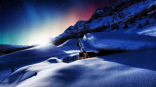 冬天，山，太阳，房子，雪，美丽