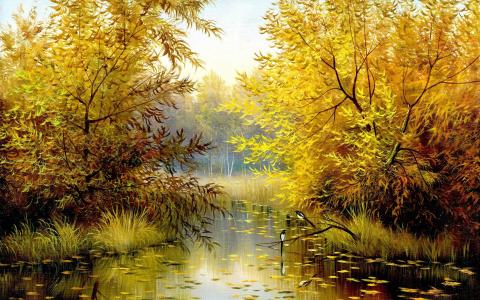 自然，流，树，秋天，鸟，绘画，Khodyukov亚历山大