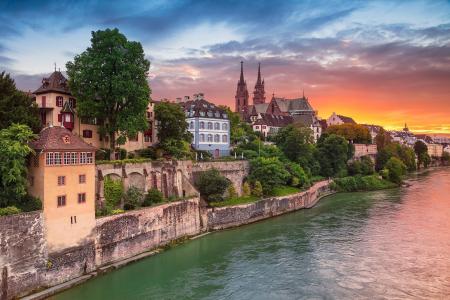 城市，日落，河，建筑，首页，瑞士，瑞士，莱茵河
