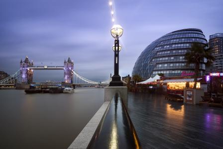 伦敦，城市，河，泰晤士河，码头，建筑物，晚上，塔桥，灯笼