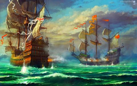 帆船，战斗，海，天空，云