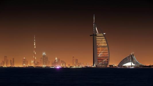 阿联酋，迪拜，晚上，海，酒店，帆，灯，摩天大楼