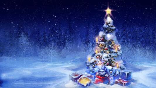 圣诞树，新的一年，雪，灯，礼品