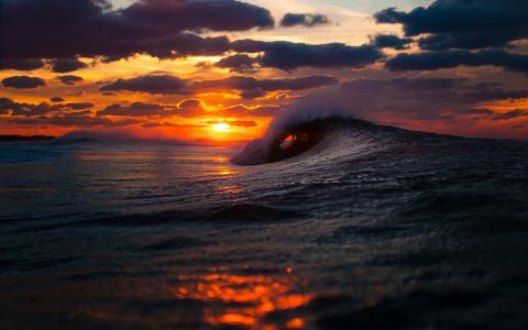 照片，海洋，波，天空，太阳，日落，美丽
