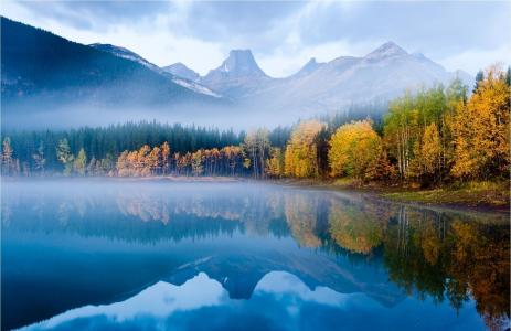 自然，山，森林，湖，秋天，早上，钓鱼，水，反射，雾，美丽